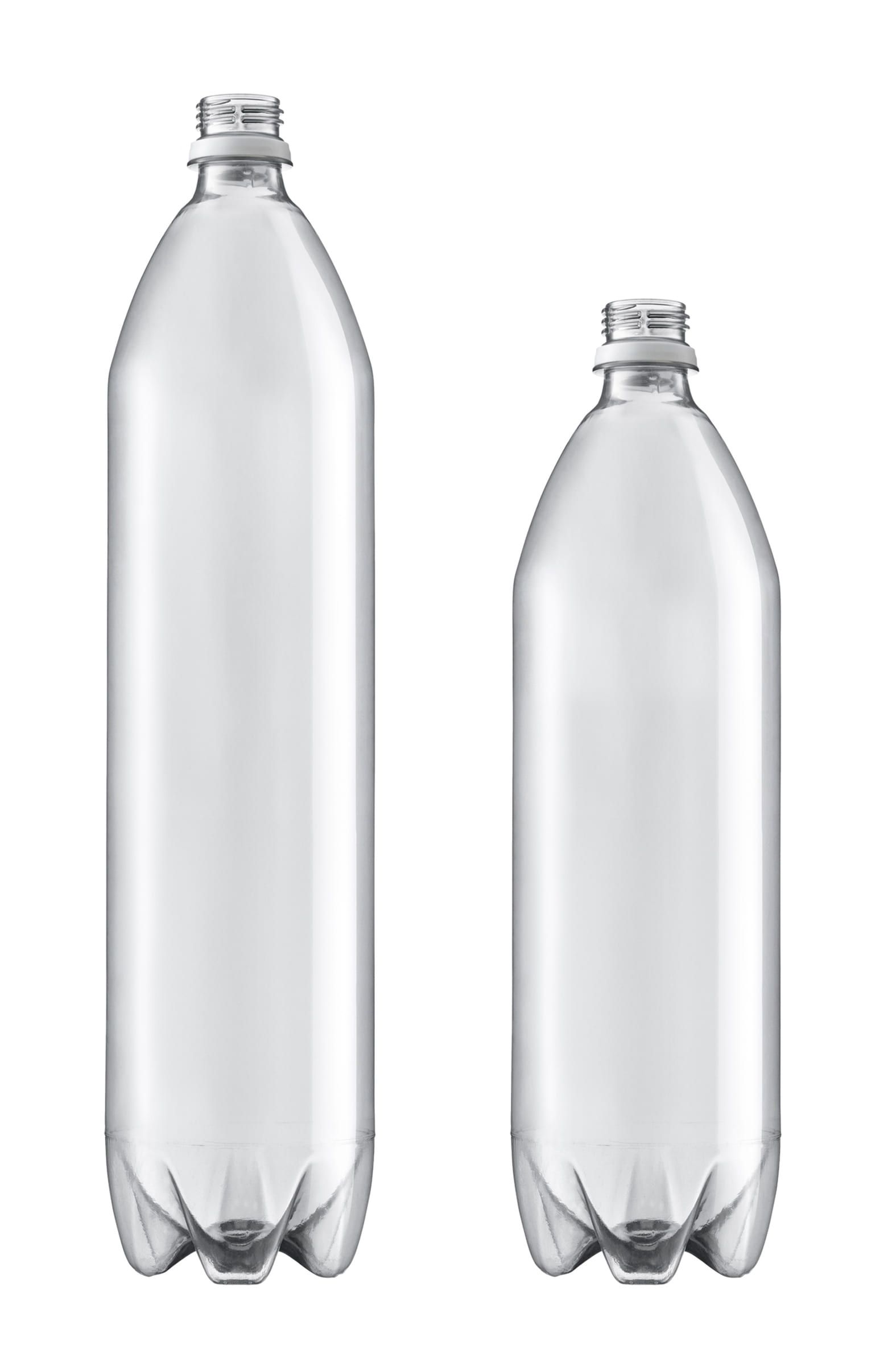 Two unbranded clear plastic drinks bottles, studio lit on white.